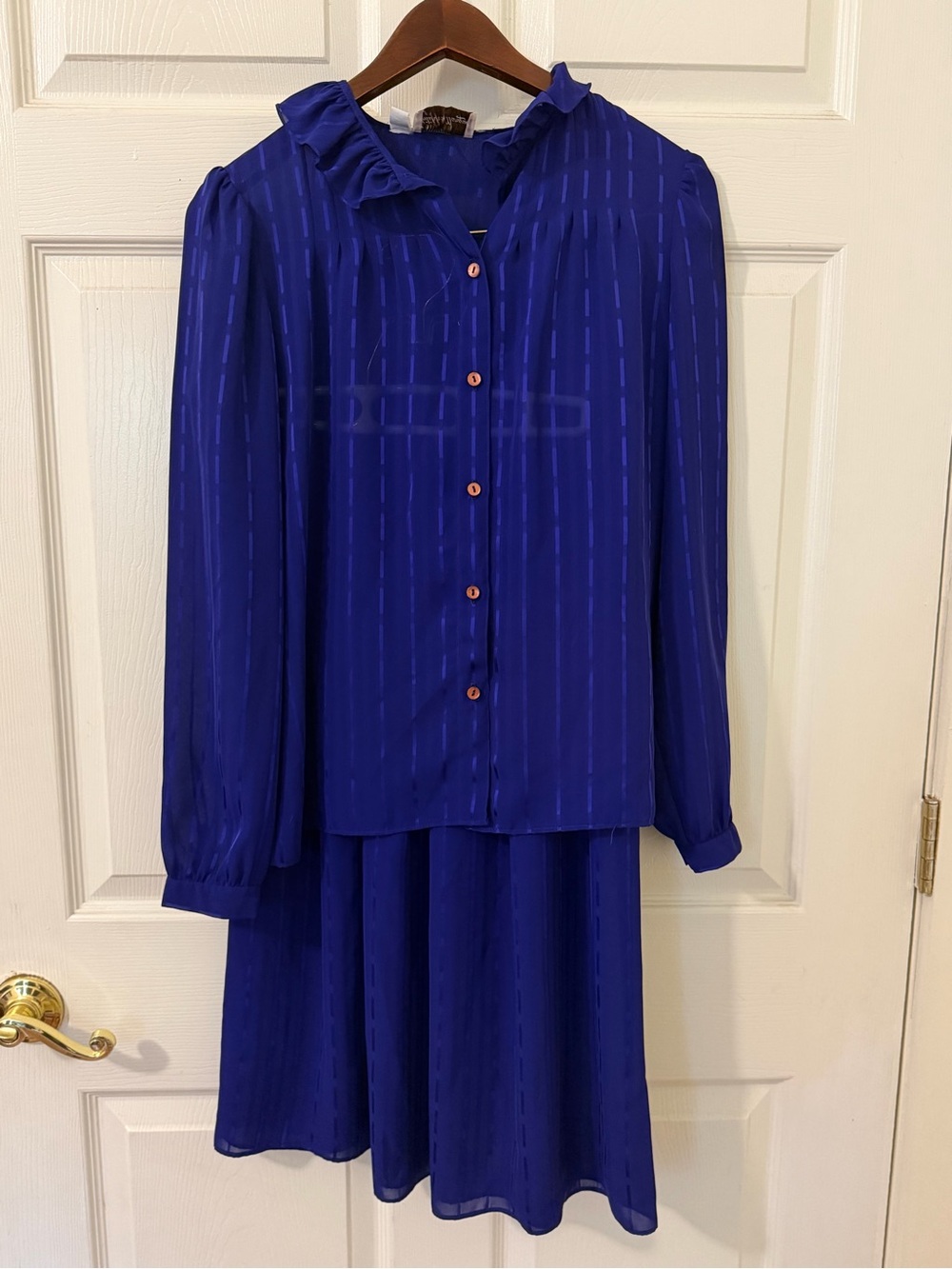 Vintage Philippe Marques Royal Blue Pleated Skirt Set - Ruffle Collar Blouse Set